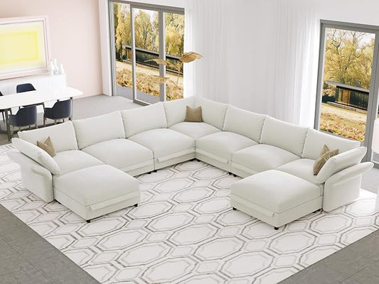 DreamDashio Oversized Cloud Sectional Couches for Living Room, 159" Extra Wide, Deep Modular Sofa with Storage, Adjustable Arms, High Backs, 9 Seater, Beige Chenille