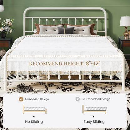 SHA CERLIN King Size Metal Platform Bed Frame with Victorian Style Iron-Art Headboard and Footboard, Easy Assembly, Under Bed Storage, No Box Spring Required, Off White