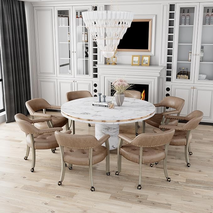 LEEMTORIG Large Dining Chairs with Casters and Arms, Rolling Dining Chairs with Wheels, Solid Wood Boss Caption's Chairs, 26" D x 25.2" W x 31.5" H, Grey Legs & Yellowish Brown Fabric SY-1318-LT