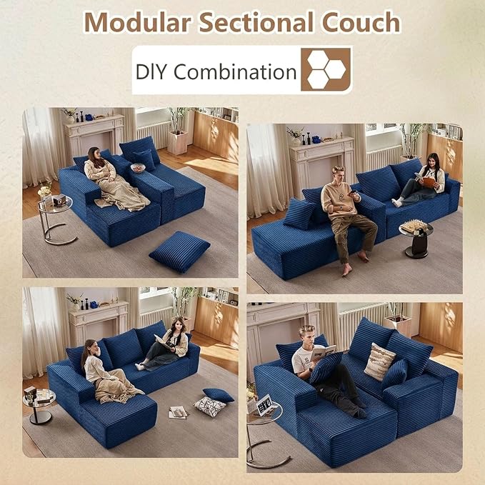 Sectional Couches for Living Room Cloud Couch Sofa with L-Shape Couch in a Box Upholstered Boneless Couchs Modern Modular Sectional Couch with Chaise (Blue,B-3 Seater-Left-Facing Chaise-96 inch)