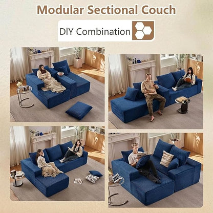 Sectional Couches for Living Room Cloud Couch Sofa with L-Shape Couch in a Box Upholstered Boneless Couchs Modern Modular Sectional Couch with Chaise (Blue,B-3 Seater-Left-Facing Chaise-96 inch)