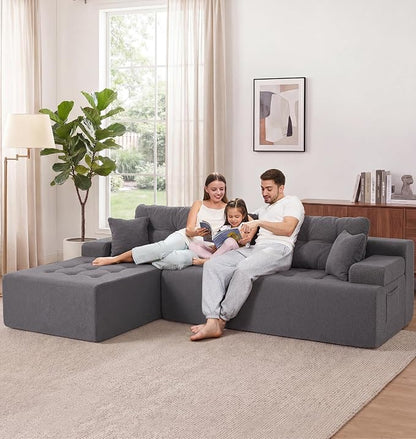 Hobestluk Modular Sectional Sofa Couches L-Shape Couch 3 Seat Modular Sofa Memory Foam Sectional Couches for Living Room, Cloud Couch with Oversized Chaise (Grey Tufted, 108", Left Hand Facing)