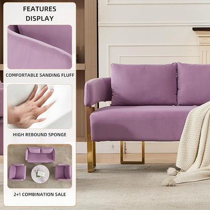 Loveseat Sofa and 2 Accent Chairs Comfy Sofa Modern Accent Chairs for Living Room with Golden Legs Teddy Upholstered Reading Armchairs no Wheels for Reception Room//Bedroom/Lounge/Office,Purple