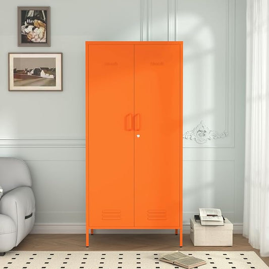 Industrial 67" Orange Lockable Metal 2-Door Storage Cabinet, Multi-Purpose Wardrobe with Hanging Rod & Adjustable Shelves, Heavy Duty for Bedroom, Garage, Home Office 67"H X 31.5"W X 18.1"D