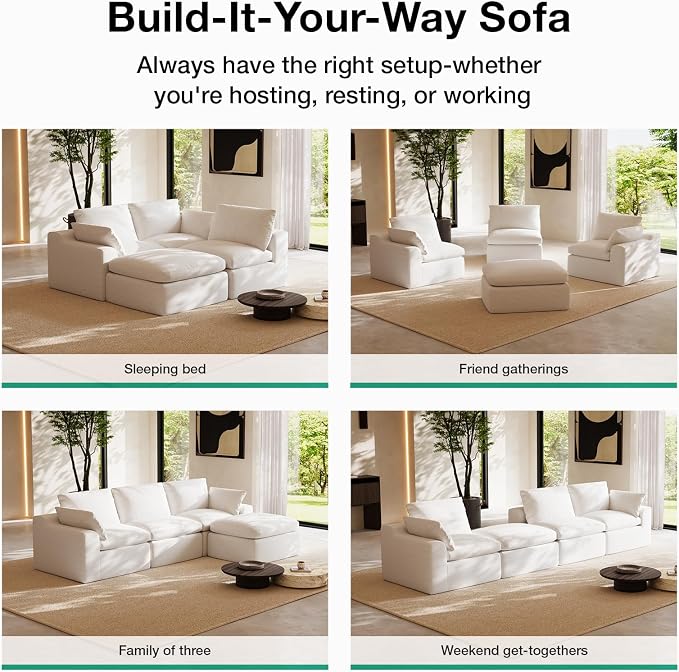 Novilla Modular Cloud Couch, Modern Sectional Sofa with Smarts Coil® Support, Chenille Fabric, Upholstered Couch for Living Room Apartments Bedroom, No Assembly, Left-Arm Chair, White