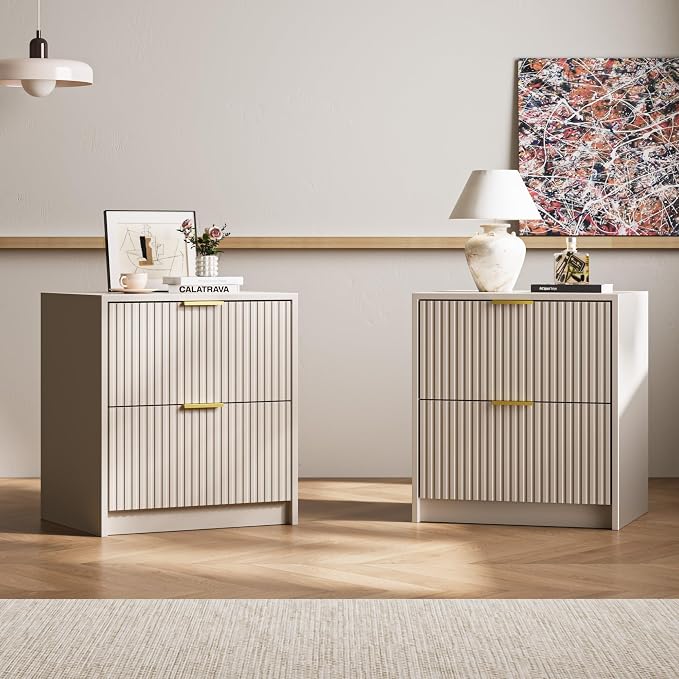 MAISONARIA 3-Piece Dresser Bedroom Set, 6 Drawer Dresser & 2 Drawer Nightstands with Gold Handles, Fluted Wood Chest of Drawers for Bedroom, Living Room, Entryway, Beige