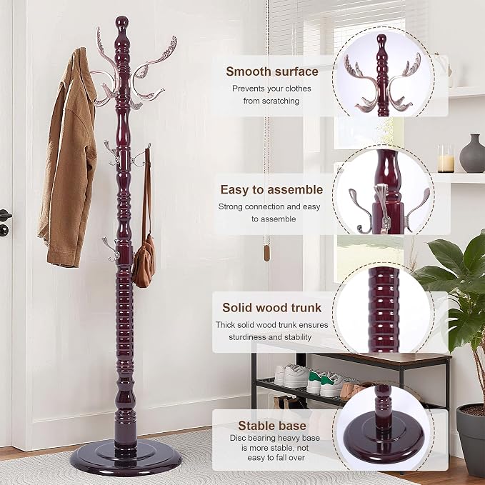 Wooden Coat Rack Freestanding with 20 Metal Hooks, Adjustable Height Coat Tree Free Standing Heavy Duty for Entryway, Easy Assembly Solid Wood Sturdy Coat Hats Hanger Stand for Office Hallway Bedroom