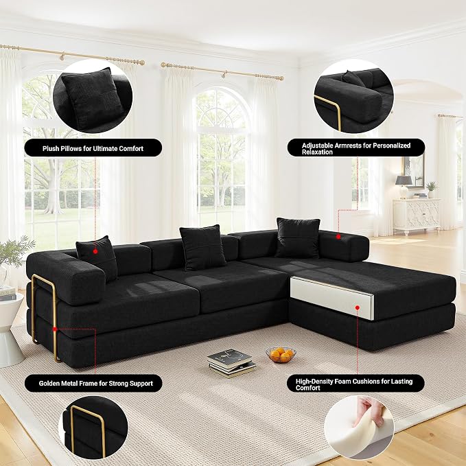 ivoros 108" Oversized Convertible Sleeper Sofa Bed, Corduroy L Shape Sectional Couch, Folding Sofa Bed with Fixed-Shape Frame, Modern Cloud Floor Mattress Couch, Modular Sofa for Living Room, Black