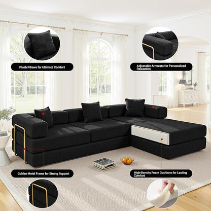 ivoros 108" Oversized Convertible Sleeper Sofa Bed, Corduroy L Shape Sectional Couch, Folding Sofa Bed with Fixed-Shape Frame, Modern Cloud Floor Mattress Couch, Modular Sofa for Living Room, Black