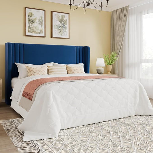 SHA CERLIN Full Size Velvet Upholstered Platform Bed Frame with Vertical Channel Tufted Wingback Headboard, Wooden Slats Support, Easy Assembly, Under Bed Storage, No Box Spring Required, Blue
