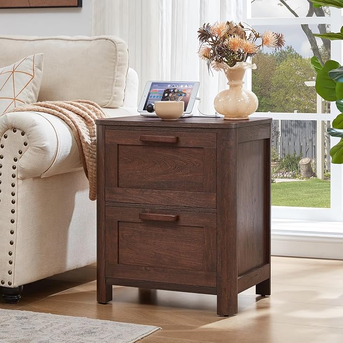 Joaxswe Farmhouse Night Stand with Charging Station, End Tables Bedroom with 2 Large Drawers & 4 Thickened Table Legs, Walnut