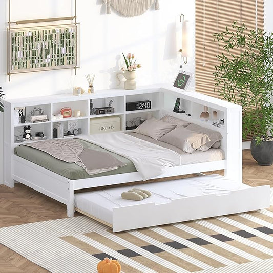 Bellemave Full Corner Bed Frame with Trundle, Wood Full Size Daybed with L-Shaped Bookcase，Daybed with Storage Cabinets, White