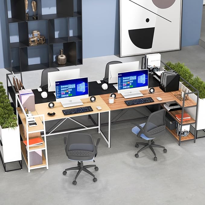 Tangkula Reversible L-Shaped Computer Desk, Space Saving Corner Desk with 3-Tier Storage Shelves & Metal Frame, Modern Executive Home Office Desk, PC Laptop Desk Workstation for Small Space (Natural)