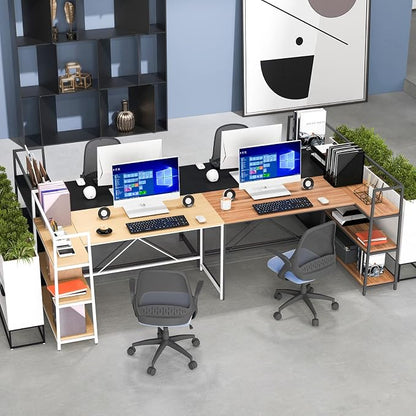Tangkula Reversible L-Shaped Computer Desk, Space Saving Corner Desk with 3-Tier Storage Shelves & Metal Frame, Modern Executive Home Office Desk, PC Laptop Desk Workstation for Small Space (Natural)