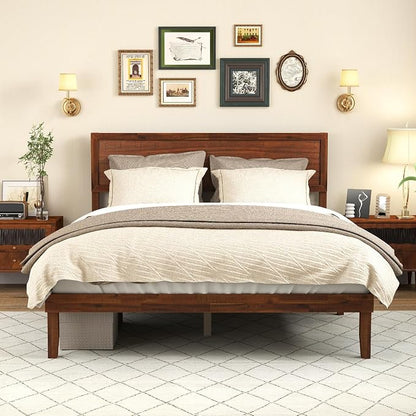 KOMFOTT Queen Size Wood Bed Frame with Headboard, Solid Acacia Wood Platform Bed Frame, Wooden Slats Supported Bed Base with Under-Bed Storage Space, No Box Spring Needed, Wood Queen Bed (Brown,Queen)