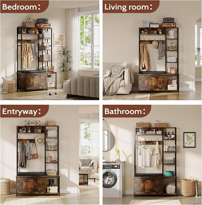 Hall Tree Coat Rack, Hall Tree With Bench and Shoe Storage Shoe With, Mud Room Storage Furniture，39.37 X 15.74 X 69.69 Inches, Brown