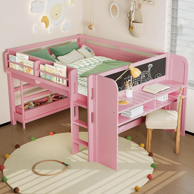 Bellemave Full Size Low loft Bed with Desk and bookcases, Boxes and Drawers for Kids,Wood Modern Farmhouse Kids Loft Bed with Shelf, Pink