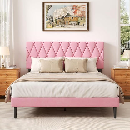 CXVX Full Size Bed Frame with Diamond Tufted Headboard, Velvet Upholstered Platform Bed and Wooden Slat Support, Noise-Free, No Box Spring Needed, Easy Assembly, Pink