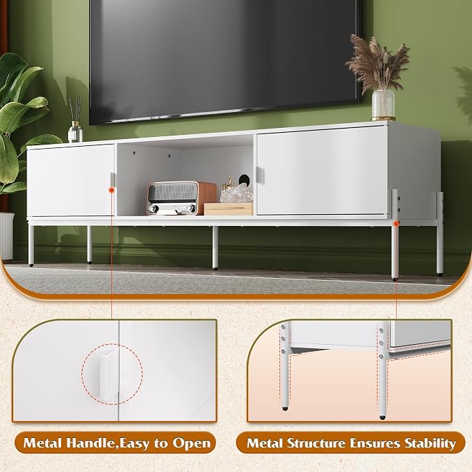 WLIVE 58" TV Stand for 65 Inch TVs, Mid Century Modern Entertainment Center with 2 Storage Cabinets & Open Shelf, Media Console Table with Metal Legs for Living Room, Bedroom, White