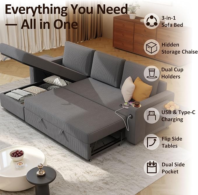 Ball & Cast 80" Sectional Sleeper Sofa Bed Pull Out Couches for Living Room | L Shaped Convertible Pull Out Sofa Bed with Storage Chaise, Foldable Table, USB Port, Cup Holder, Side Pocket for Small Space