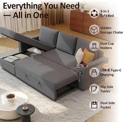 Ball & Cast 80" Sectional Sleeper Sofa Bed Pull Out Couches for Living Room | L Shaped Convertible Pull Out Sofa Bed with Storage Chaise, Foldable Table, USB Port, Cup Holder, Side Pocket for Small Space
