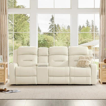 Watson & Whitely Genuine Leather Power Recliner Sofa, Lay Flat Reclining Sofa with Storage Console, Power Headrest & Cup Holders, 3 Seater Electric Reclining Couch for Living Room, Cream