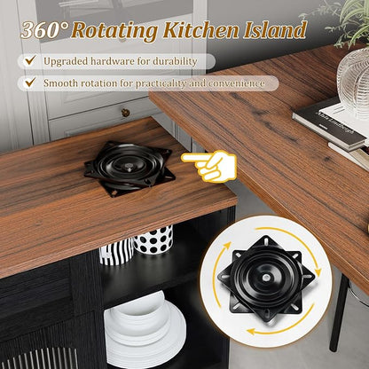 LYNCOHOME 71.1" Rolling Kitchen Island with 360° Rotating Tabletop, Mobile Lockable Wheels & Adjustable Shelves, Multifunctional Storage Cart for Kitchen & Dining（Black）