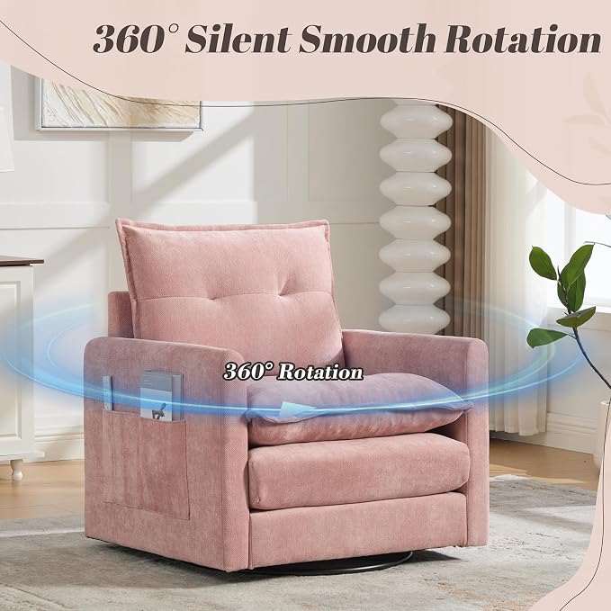 Swivel Accent Chair, Modern Swivel Barrel Chair for Living Room, 360 Degree Comfy Square Accent Barrel Chair, Upholstered Sofa Armchair for Bedroom,Reading, Chenille, Pink