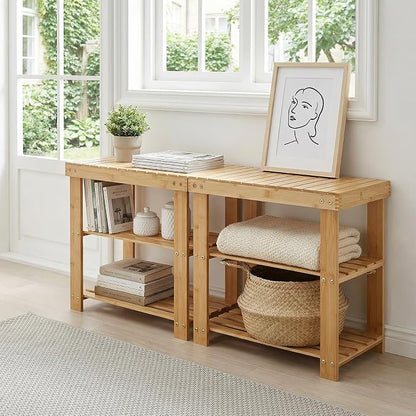 Sturdy 3-Tier Bamboo Shoe Rack Bench – Modern Entryway Organizer with Storage Shelf & Seating, Holds up to 130kg, Ideal for Closet, Bedroom, Living Room, 28.7 x 50 x 45.3 cm – Natural Wood Finish