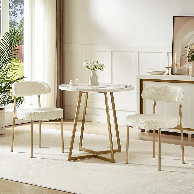 SoarFlash Dining Chairs, Beige Boucle Dining Chairs Set of 4, Kitchen Dining Room Chairs Curved Backrest Upholstered Mid Century Modern Chairs with Golden Metal Legs