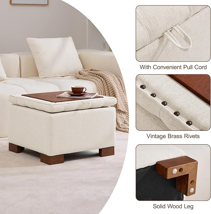 WUTUTUEE 24" Square Fabric Storage Ottoman with Wooden Tray Top, Modern Tufted Button Upholstered Footstool Coffee Table, Multifunctional Small Storage Ottoman for Living Room Bedroom, Beige