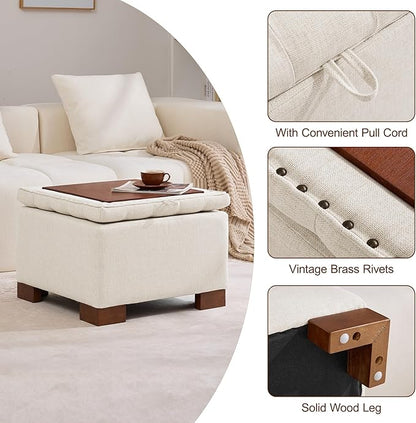 WUTUTUEE 24" Square Fabric Storage Ottoman with Wooden Tray Top, Modern Tufted Button Upholstered Footstool Coffee Table, Multifunctional Small Storage Ottoman for Living Room Bedroom, Beige