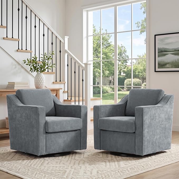 Swivel Accent Chair, Modern Round Barrel Arm Chair for Living Room, Bedroom, Comfy Club Reading Chairs for Adults (Chenille Grey, Set of 2)