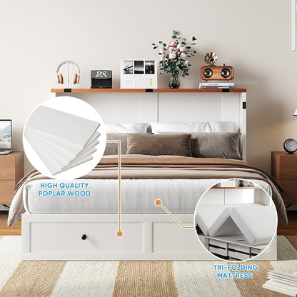 PUREMIND Murphy Bed Queen, X Frame Cabinet Beds Chest with Charging Station & Storage Drawers, Convertible Hideaway Cabinet Bed for Guest Room, White, Without Mattress