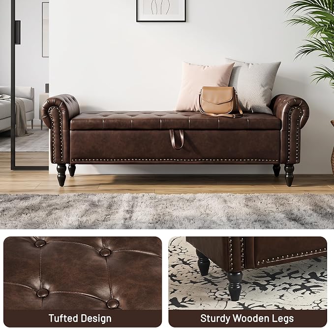 Furniliving 63” End of Bed Storage Bench, Bedroom Bench with Button-Tufted, Upholstered Storage Ottoman Benches Window Bench with Storage, Leather Bench for Living Room, Entryway, PU, BlackBrown