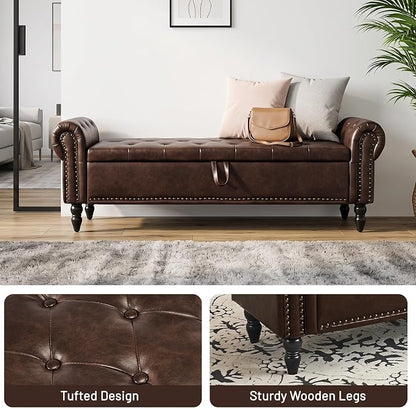 Furniliving 63” End of Bed Storage Bench, Bedroom Bench with Button-Tufted, Upholstered Storage Ottoman Benches Window Bench with Storage, Leather Bench for Living Room, Entryway, PU, BlackBrown
