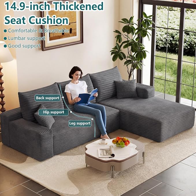 95" Modular Sectional Couch, Boneless L Shaped Cloud Sofa with Chaise Lounge, Corduroy Upholstered Couches Memory Foam Deep Seat, No Assembly Required, Ideal for Living Room(Dark Gray, Right Facing)