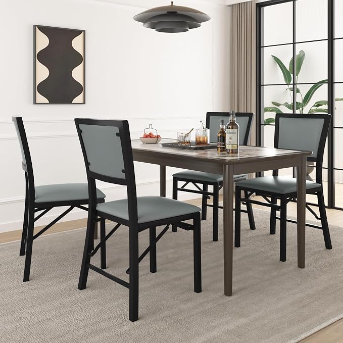 VECELO Folding Dining Chairs Set of 2, Metal Padded Foldable Seating with Comfortable Faux Leather, Space-Saving Portable Guest Seats for Kitchen & Office, No Assembly, Slate Grey