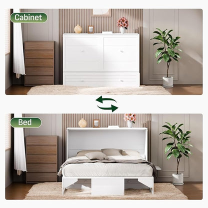 Softa Queen Murphy Bed Cabinet with 6" Tri-Fold Mattress, Storage Drawer & Charging Station, 1200 Lb Heavy Duty Wood Wall Bed with Fold-Down Desk for Guest Room & Home Office, No Box Spring Needed