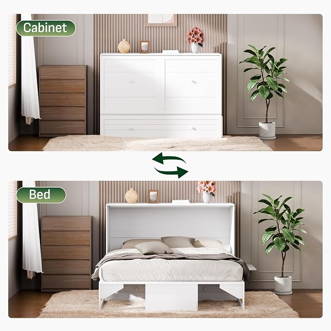 Softa Queen Murphy Bed Cabinet with Storage Drawer & Charging Station, 1200 LBS Heavy Duty Wood Wall Bed with Fold-Down Desk for Guest Room & Home Office, No Box Spring Needed