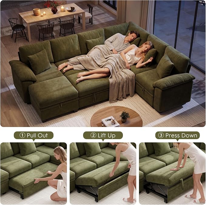 Ihanherry 108" Modular Sectional Sofa with Pull Out Bed, 7-Seater L Shaped Sectional Sleeper Couch with Storage, Chenille Convertible Couches for Living Room, Apartment (Green)
