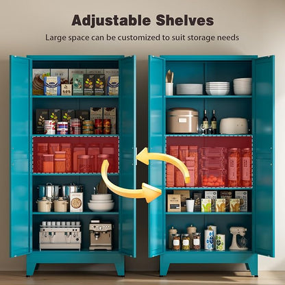 71" Tall Metal Pantry Cabinet, Kitchen Storage Cabinet with 2 Doors and 4 Adjustable Shelves for Kitchen, Living Room, Dining Room, Bathroom and Home, Office (Blue, 1PC)