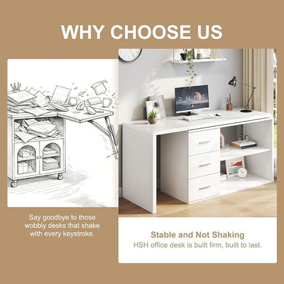 HSH L Shaped Office Desk with Drawers Shelves 55-76 Inch, Corner Computer Desk with Storage 360 Rotating Long for Work, Executive, Study, Writing, Teacher, Bedroom Modern Gaming Table White