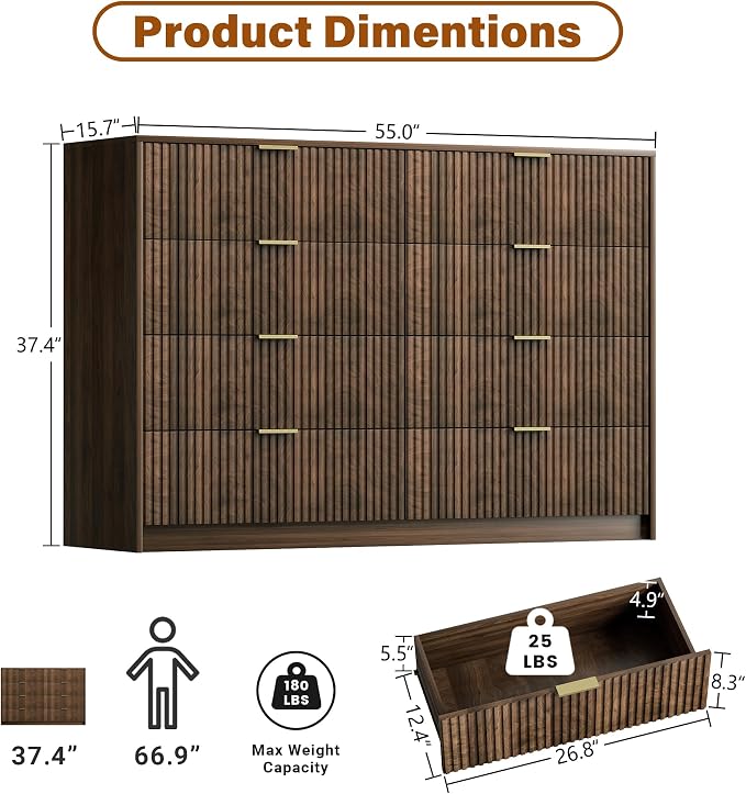 Furniway 3 Piece Bedroom Set, 8 Drawer Dresser and 3-Drawer Nightstand Set of 2 with Gold Handles, Mid-Century Modern Wood Chest of Drawers Storage Cabinet for Bedroom, Walnut