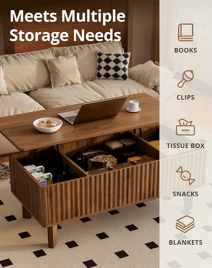 Rectangular Lift Top Coffee Table with Storage, Wood Fluted Modern Living Room Center Table for Home Office, Walnut