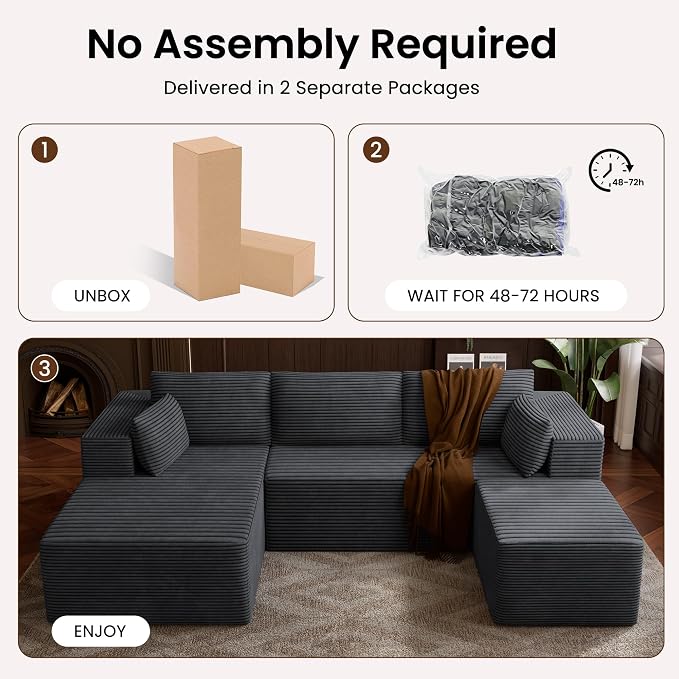 106" Cloud Sectional Boneless Couches for Living Room, Modular U Shaped Couch with Deep Seat, Removable Ottoman, Memory Foam Compressed Spineless 4 Seater Sofa for Bedroom Apartment, Grey