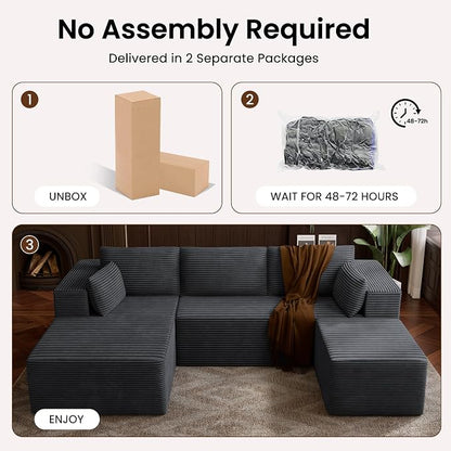 106" Cloud Sectional Boneless Couches for Living Room, Modular U Shaped Couch with Deep Seat, Removable Ottoman, Memory Foam Compressed Spineless 4 Seater Sofa for Bedroom Apartment, Grey