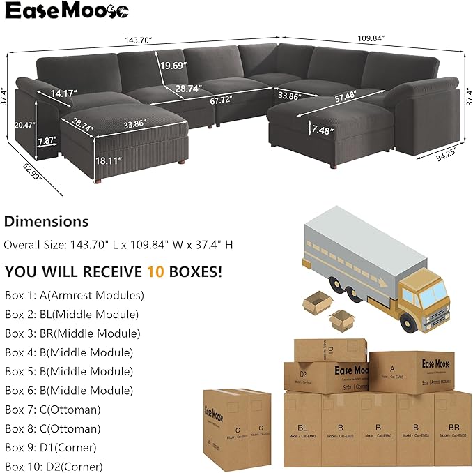 EASE MOOSE Oversized Sectional Modular Sofa,Large U Shape Sectional Couch Wide Deep Seat Modular Cloud Couch,Removable Washable,Gray