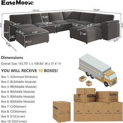 EASE MOOSE Oversized Sectional Modular Sofa,Large U Shape Sectional Couch Wide Deep Seat Modular Cloud Couch,Removable Washable,Gray