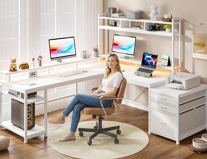EnHomee 104''L Shaped Desk with 4 Layouts,Outlet for Two Person Home Office | 4 Layout Sizes 64''–104'', Multi-Room Compatibility, 4 AC+2 USB Outlet, Multi-Monitor Stand, Simultaneous Work and Charging